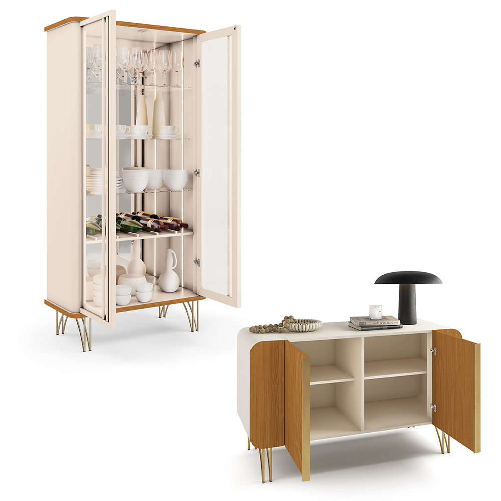 Conjunto 1 Cristaleira e 1 Buffet Decorativo Texas/Bambino Off White/Cinamomo G26 - Gran Belo 
