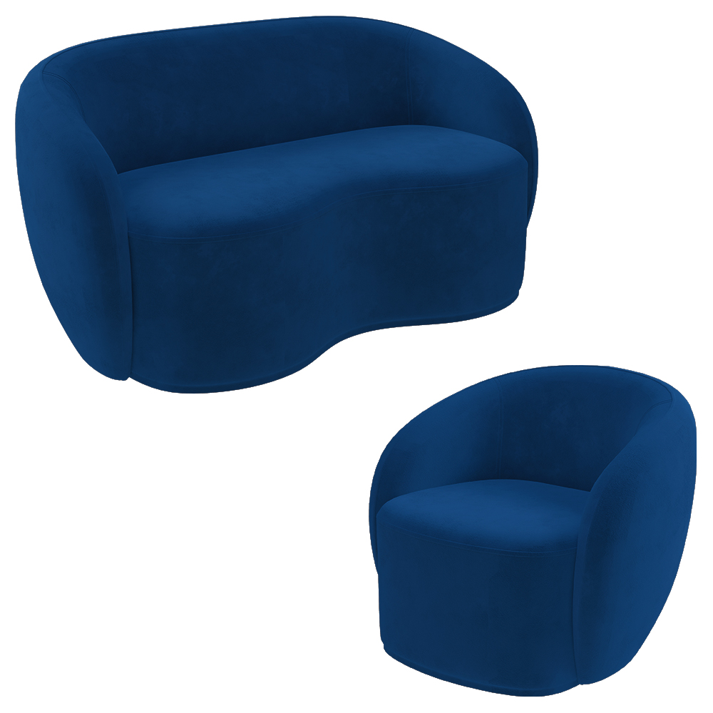 Conjunto 1 Sofá Living 160cm e 1 Poltrona Decorativa Sala de Estar Íbis Encosto Fixo Veludo Azul  Marinho G33 - Gran Belo
