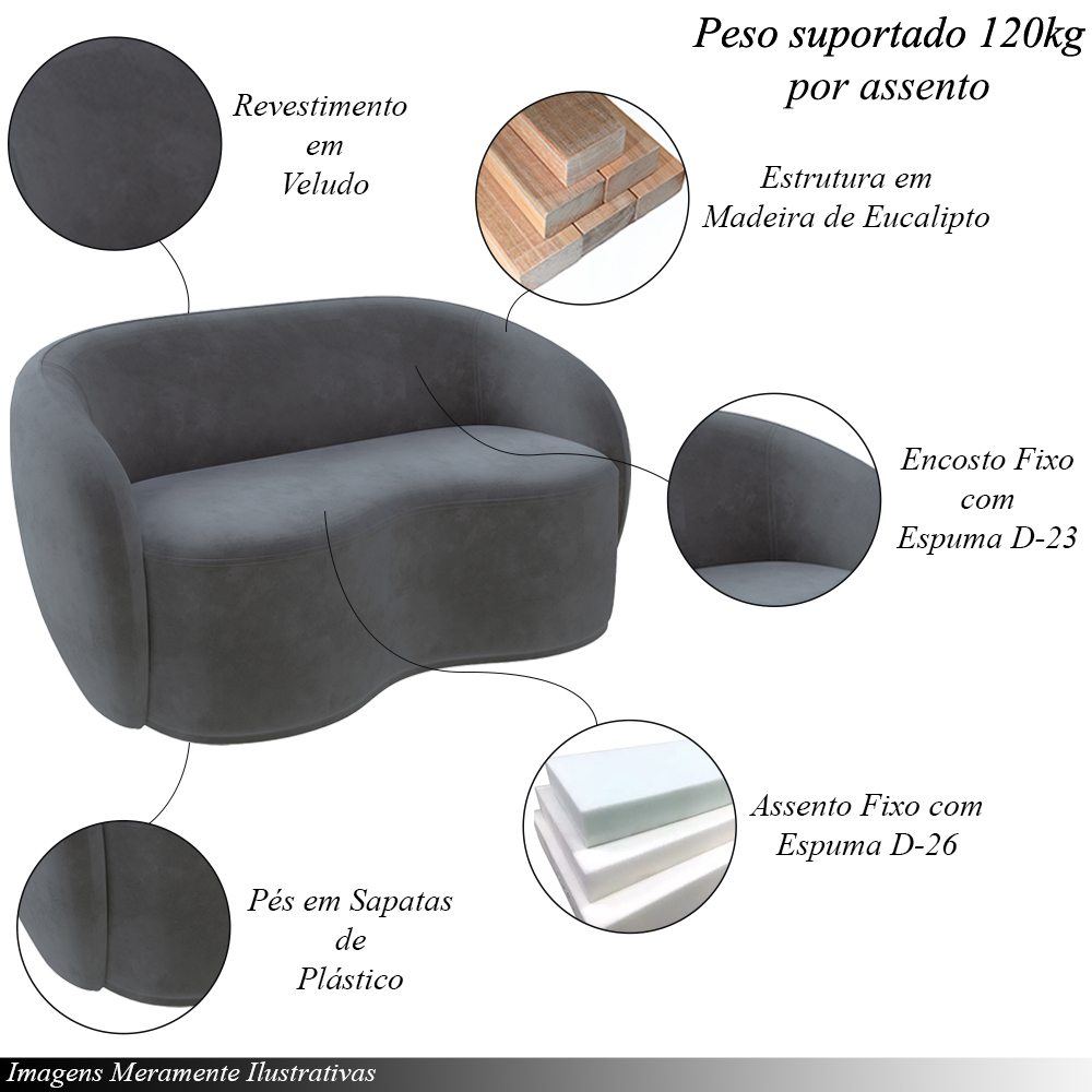 Conjunto 1 Sofá Living 160cm e 1 Poltrona Decorativa Sala de Estar Íbis Encosto Fixo Veludo Grafite G33 - Gran Belo