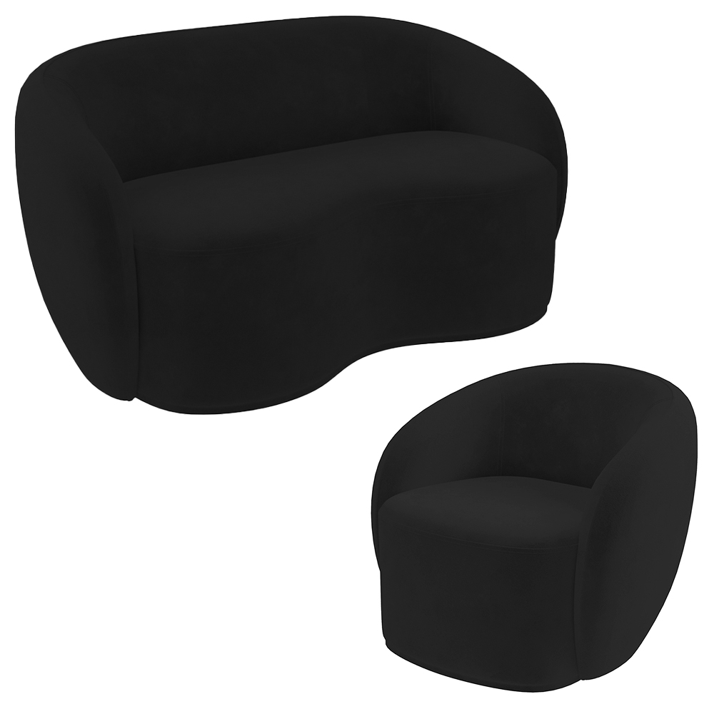 Conjunto 1 Sofá Living 160cm e 1 Poltrona Decorativa Sala de Estar Íbis Encosto Fixo Veludo Preto G33 - Gran Belo