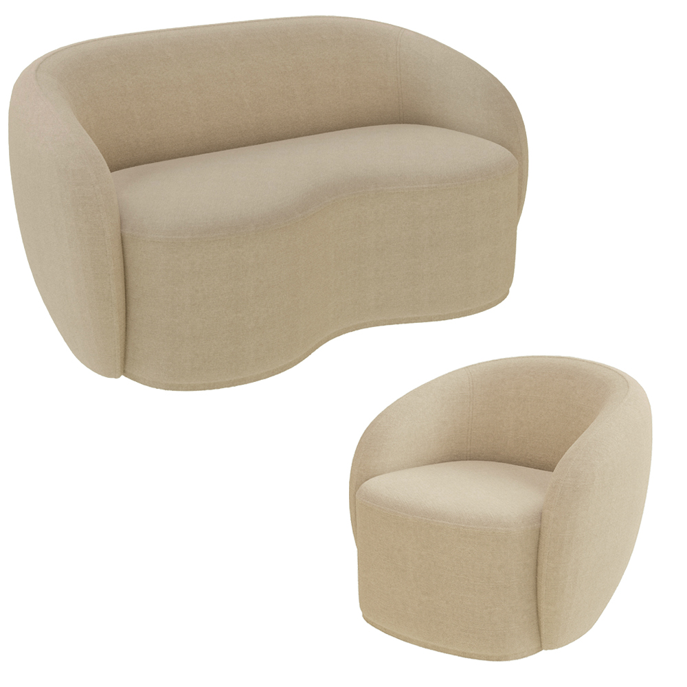 Conjunto 1 Sofá Living 180cm e 1 Poltrona Decorativa Sala de Estar Íbis Encosto Fixo Bouclê  Bege G33 - Gran Belo
