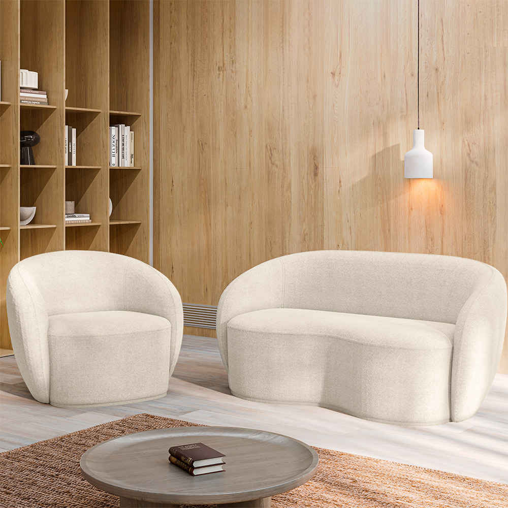 Conjunto 1 Sofá Living 180cm e 1 Poltrona Decorativa Sala de Estar Íbis Encosto Fixo Bouclê Off White G33 - Gran Belo