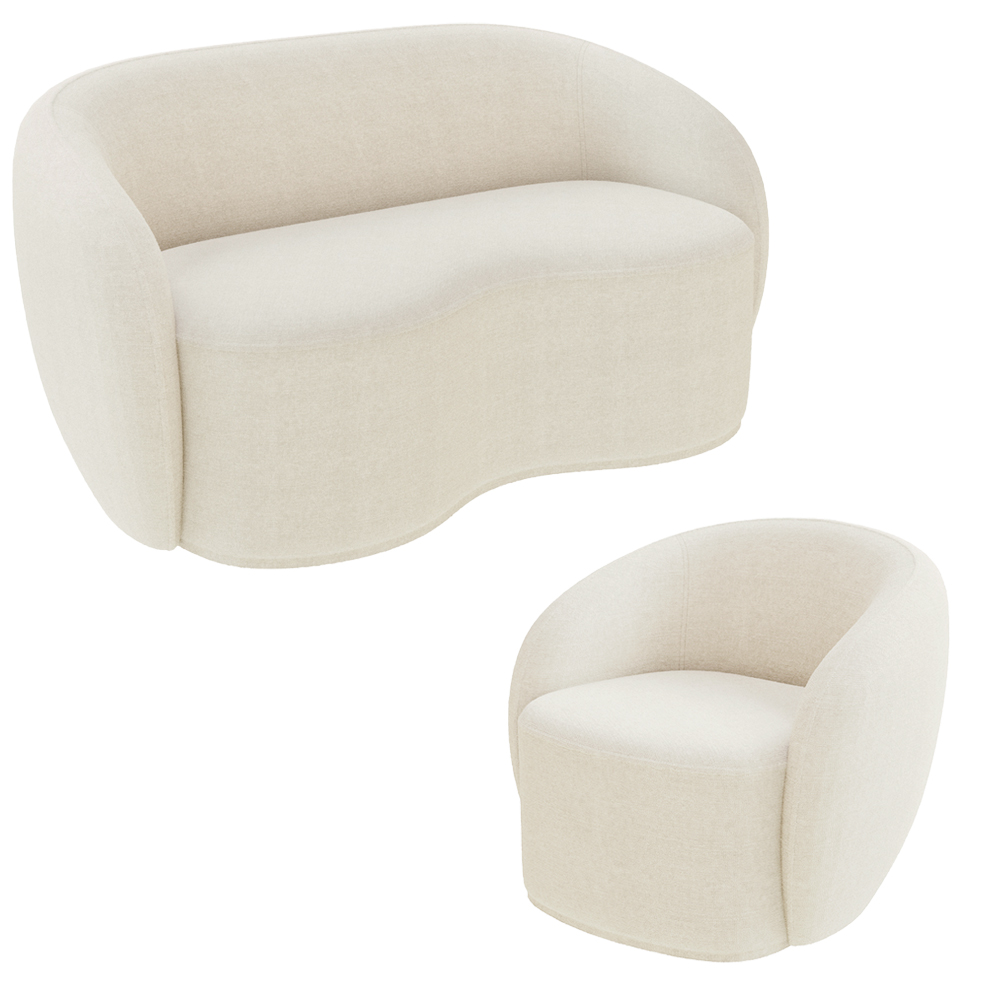 Conjunto 1 Sofá Living 180cm e 1 Poltrona Decorativa Sala de Estar Íbis Encosto Fixo Bouclê Off White G33 - Gran Belo