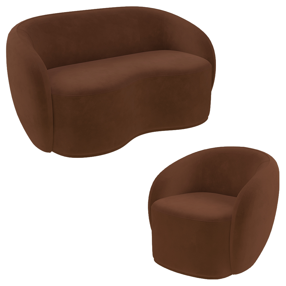 Conjunto 1 Sofá Living 180cm e 1 Poltrona Decorativa Sala de Estar Íbis Encosto Fixo Veludo Marrom G33 - Gran Belo