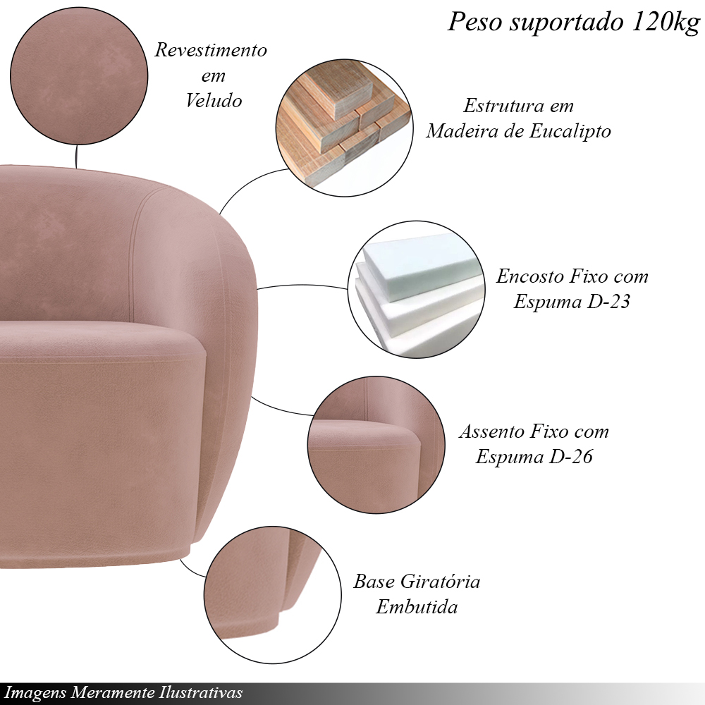 Conjunto 1 Sofá Living 180cm e 1 Poltrona Decorativa Sala de Estar Íbis Encosto Fixo Veludo Rosê G33 - Gran Belo