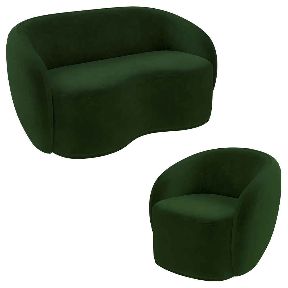 Conjunto 1 Sofá Living 180cm e 1 Poltrona Decorativa Sala de Estar Íbis Encosto Fixo Veludo Verde G33 - Gran Belo
