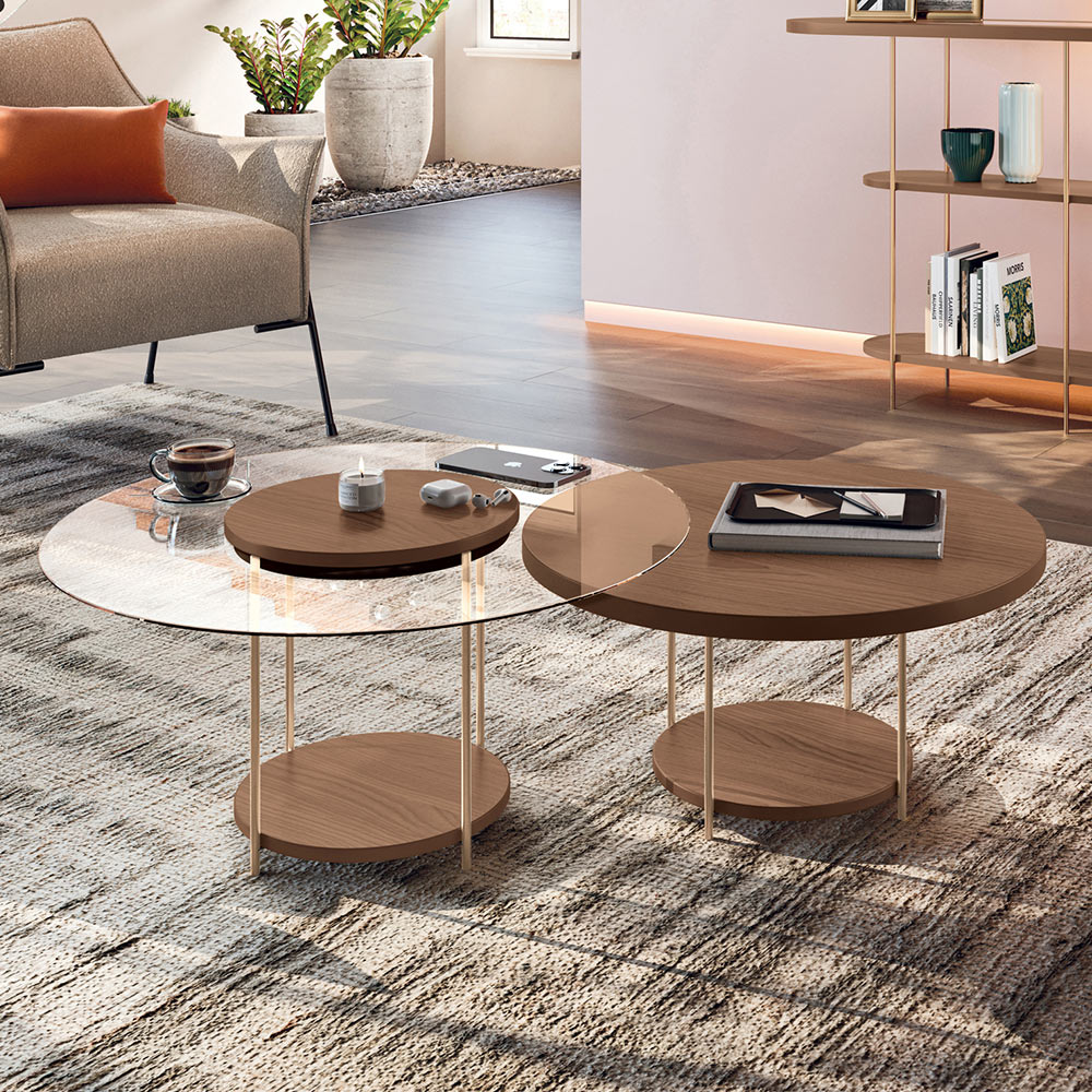 Conjunto 2 Mesas de Centro Decorativas Walker Pés Aço Tampo MDF/Tampo Vidro Castanho G26 - Gran Belo