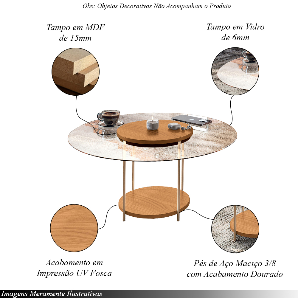 Conjunto 2 Mesas de Centro Decorativas Walker Pés Aço Tampo MDF/Tampo Vidro Cinamomo G26 - Gran Belo