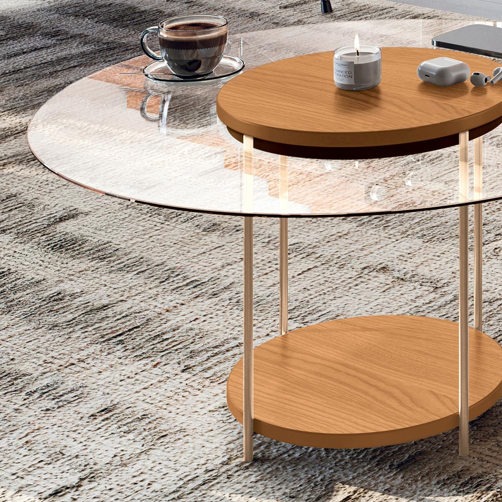 Conjunto 2 Mesas de Centro Decorativas Walker Pés Aço Tampo MDF/Tampo Vidro Cinamomo G26 - Gran Belo