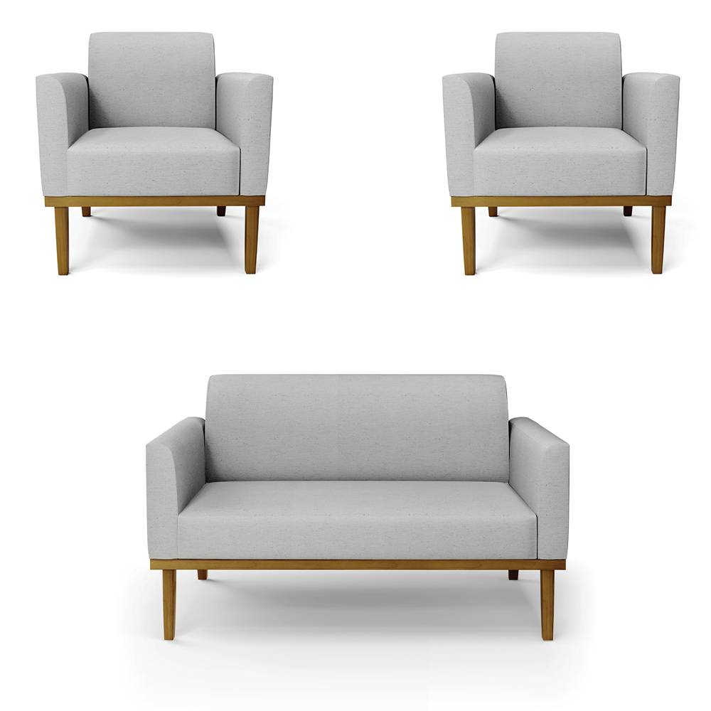 Conjunto 2 Poltronas e 1 Namoradeira Decorativa Isabella Pés Fixo em Madeira Castanho Linho Cinza G19 - Gran Belo