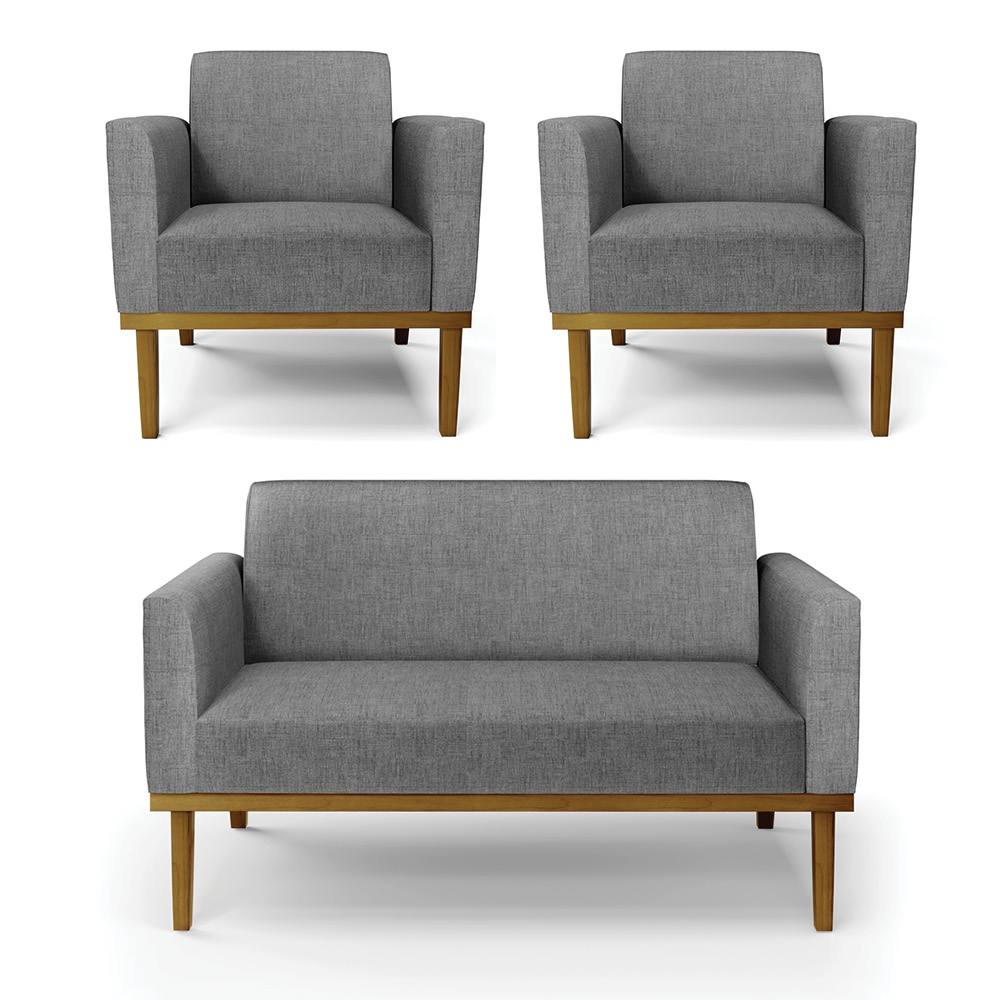 Conjunto 2 Poltronas e 1 Namoradeira Decorativa Isabella Pés Fixo em Madeira Castanho Linho Cinza Mesclado G19 - Gran Belo