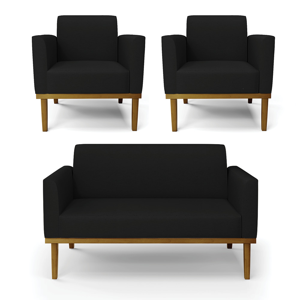 Conjunto 2 Poltronas e 1 Namoradeira Decorativa Isabella Pés Fixo em Madeira Castanho Linho Preto G19 - Gran Belo