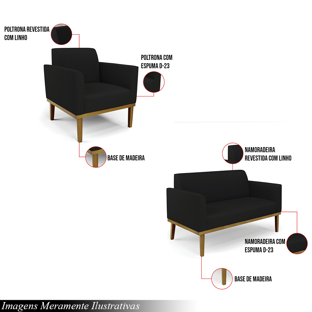 Conjunto 2 Poltronas e 1 Namoradeira Decorativa Isabella Pés Fixo em Madeira Castanho Linho Preto G19 - Gran Belo