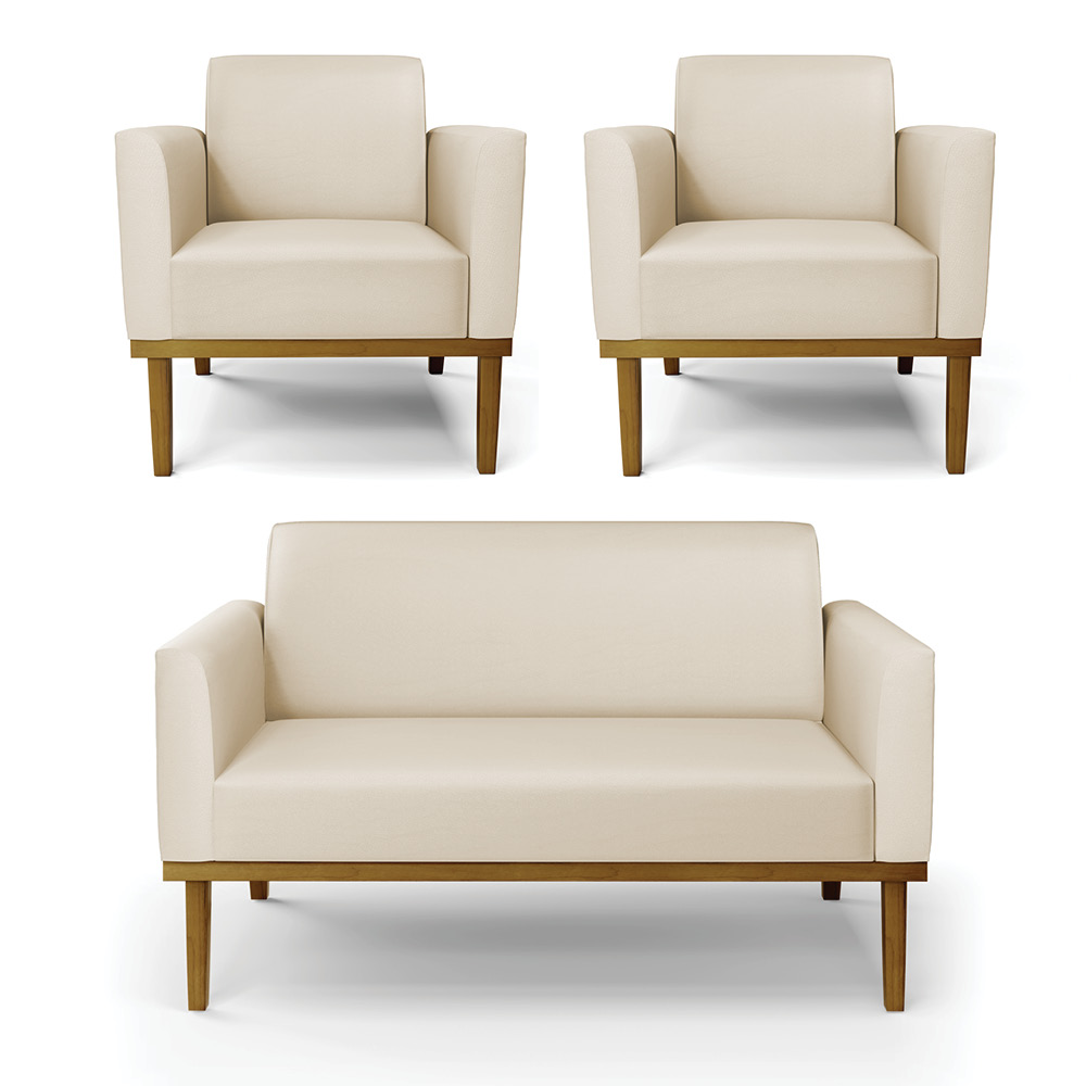 Conjunto 2 Poltronas e 1 Namoradeira Decorativa Isabella Pés Fixo em Madeira Castanho PU Bege G19 - Gran Belo