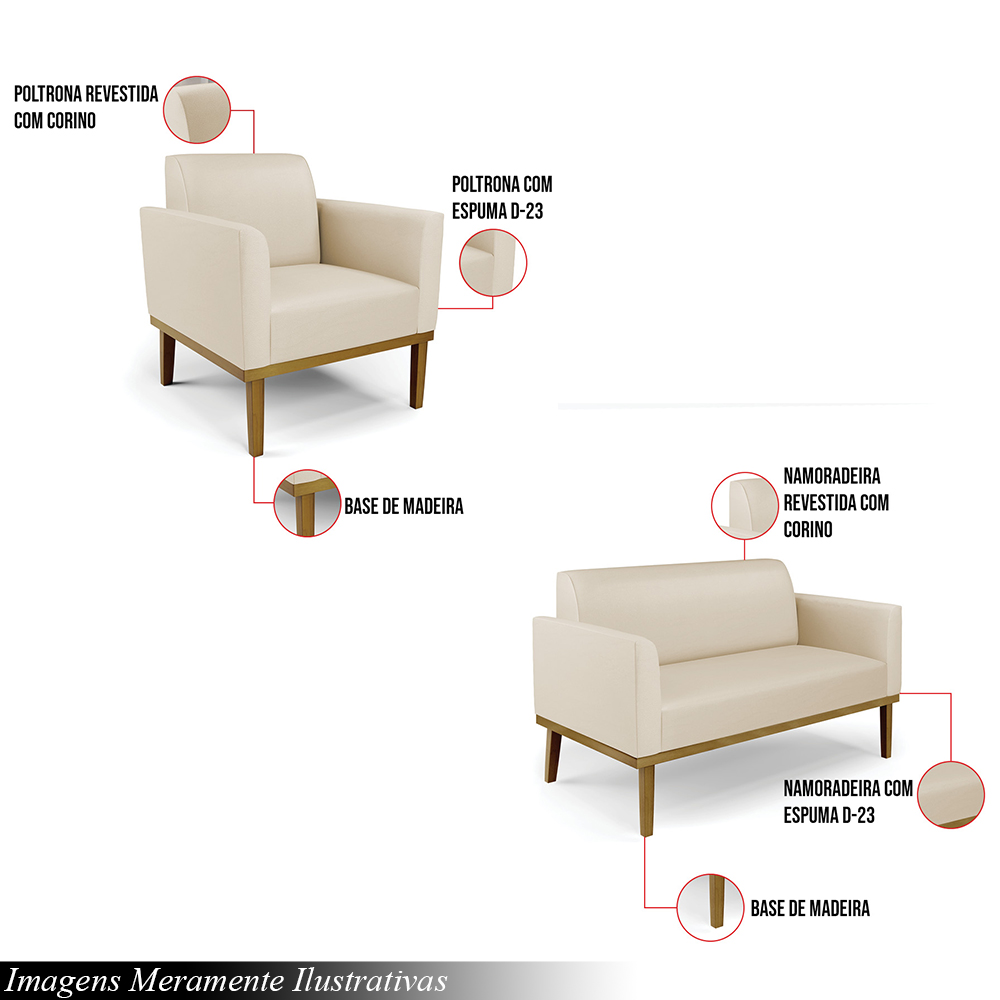 Conjunto 2 Poltronas e 1 Namoradeira Decorativa Isabella Pés Fixo em Madeira Castanho PU Bege G19 - Gran Belo