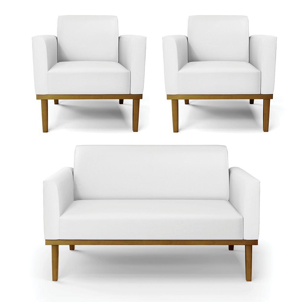 Conjunto 2 Poltronas e 1 Namoradeira Decorativa Isabella Pés Fixo em Madeira Castanho PU Branco G19 - Gran Belo