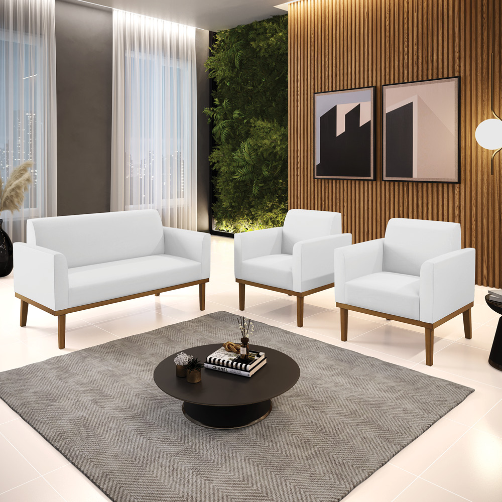 Conjunto 2 Poltronas e 1 Namoradeira Decorativa Isabella Pés Fixo em Madeira Castanho PU Branco G19 - Gran Belo
