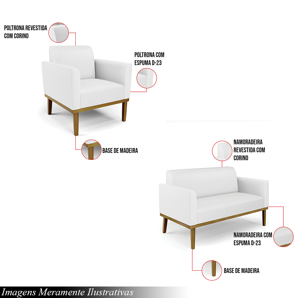 Conjunto 2 Poltronas e 1 Namoradeira Decorativa Isabella Pés Fixo em Madeira Castanho PU Branco G19 - Gran Belo