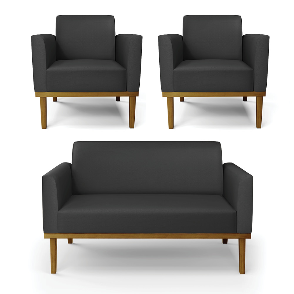 Conjunto 2 Poltronas e 1 Namoradeira Decorativa Isabella Pés Fixo em Madeira Castanho PU Preto G19 - Gran Belo
