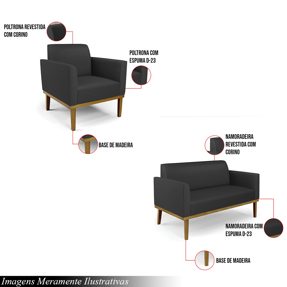Conjunto 2 Poltronas e 1 Namoradeira Decorativa Isabella Pés Fixo em Madeira Castanho PU Preto G19 - Gran Belo