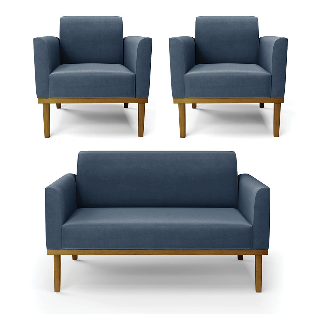 Conjunto 2 Poltronas e 1 Namoradeira Decorativa Isabella Pés Fixo em Madeira Castanho Suede Azul Marinho G19 - Gran Belo