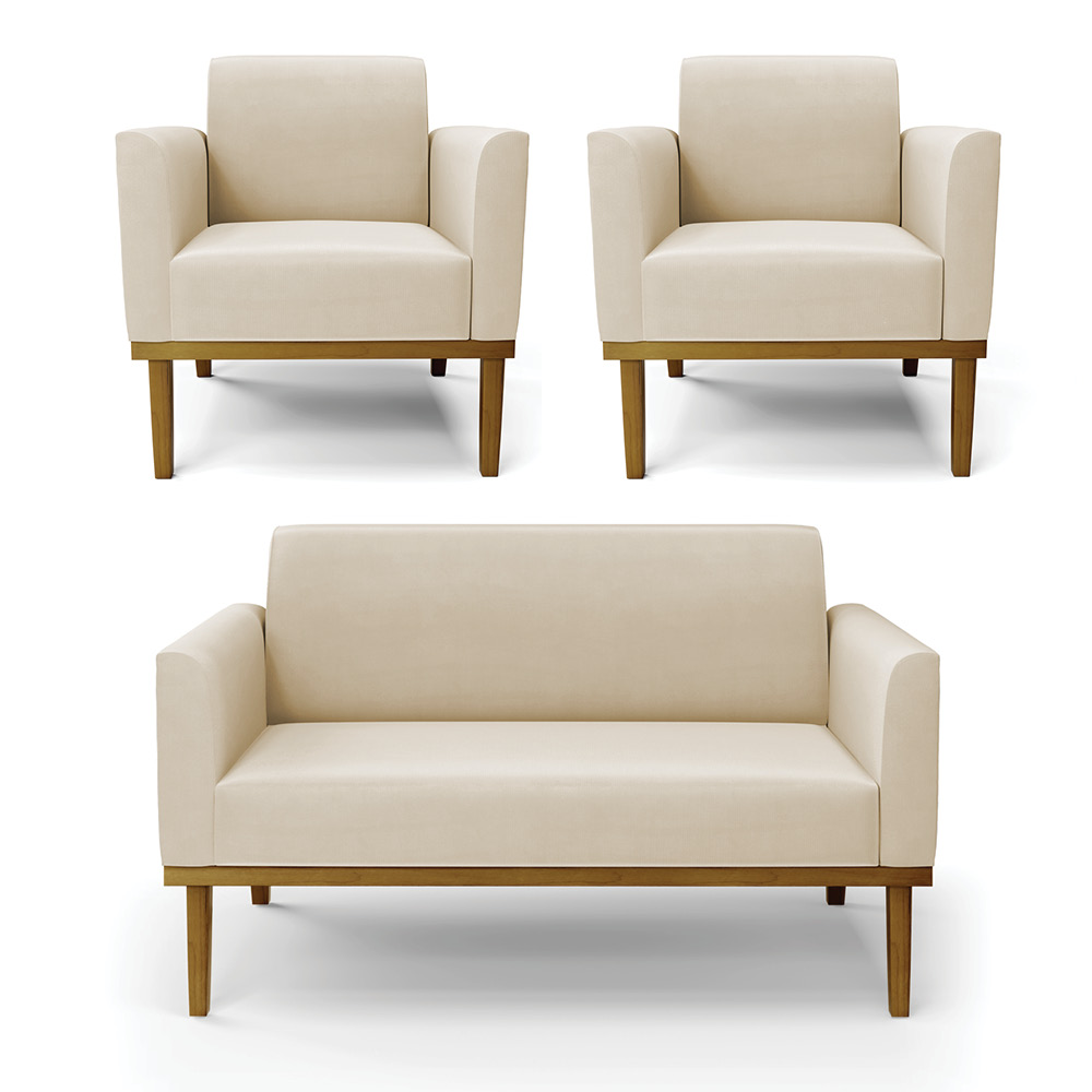 Conjunto 2 Poltronas e 1 Namoradeira Decorativa Isabella Pés Fixo em Madeira Castanho Suede Bege G19 - Gran Belo
