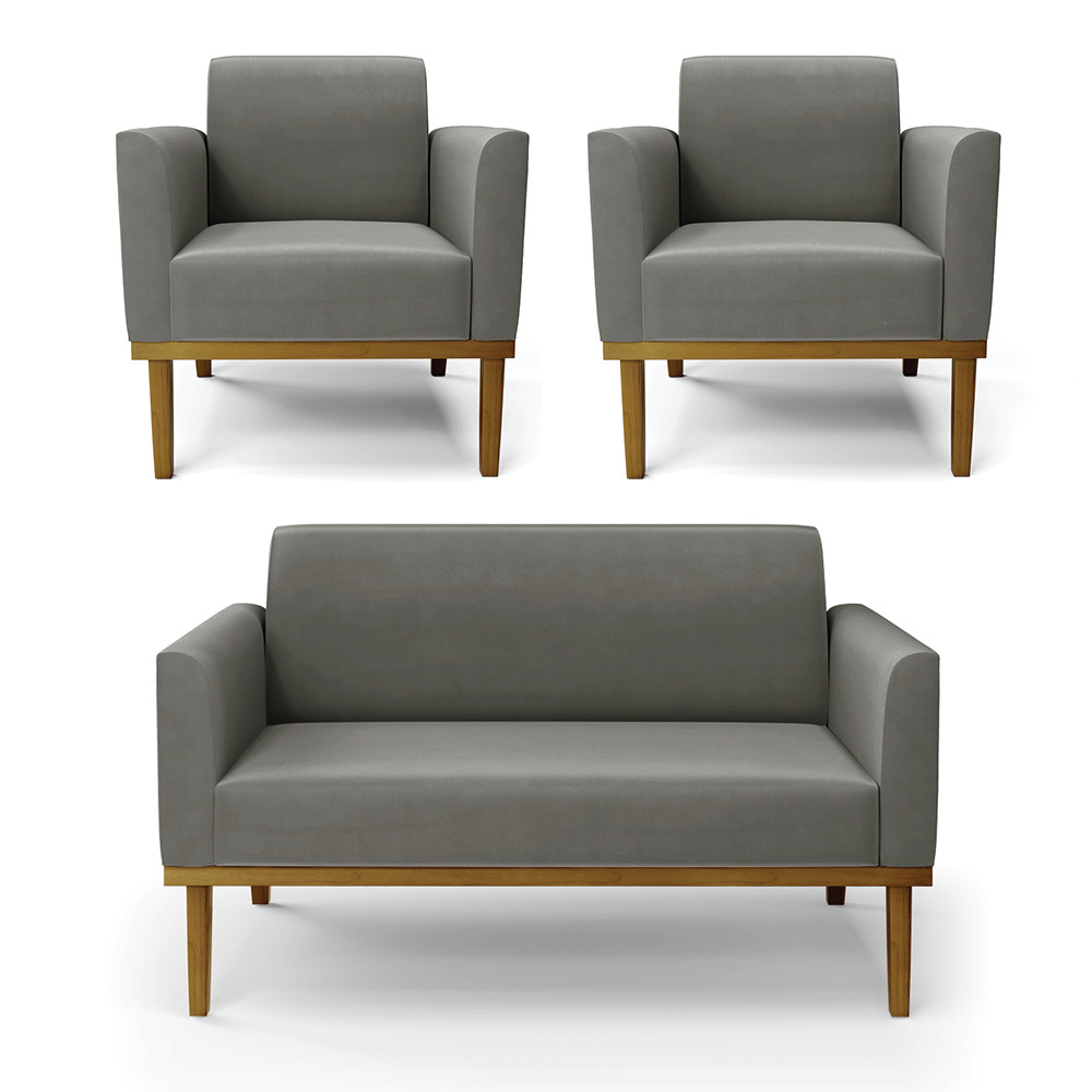 Conjunto 2 Poltronas e 1 Namoradeira Decorativa Isabella Pés Fixo em Madeira Castanho Suede Grafite G19 - Gran Belo