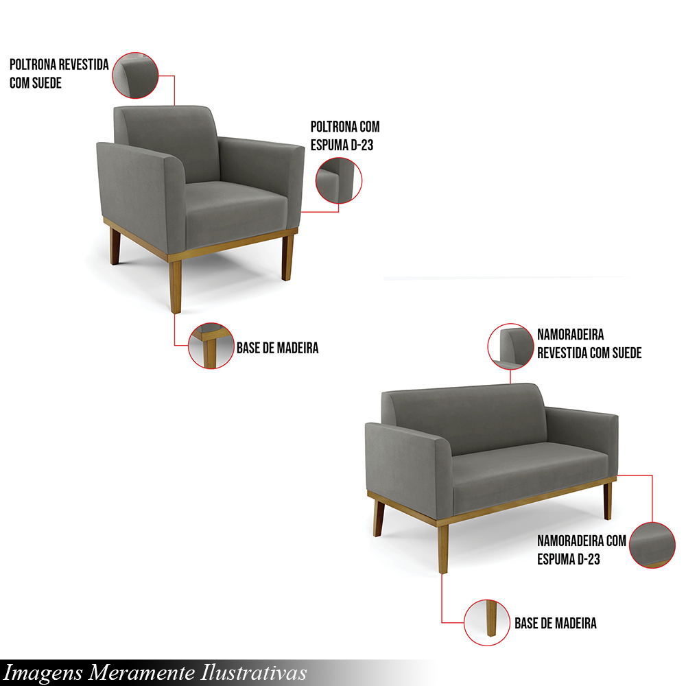Conjunto 2 Poltronas e 1 Namoradeira Decorativa Isabella Pés Fixo em Madeira Castanho Suede Grafite G19 - Gran Belo