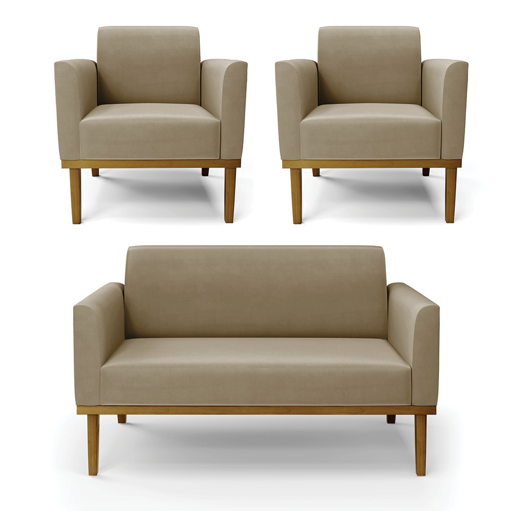 Conjunto 2 Poltronas e 1 Namoradeira Decorativa Isabella Pés Fixo em Madeira Castanho Suede Nude G19 - Gran Belo