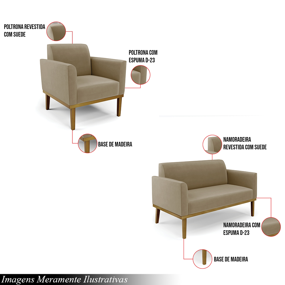 Conjunto 2 Poltronas e 1 Namoradeira Decorativa Isabella Pés Fixo em Madeira Castanho Suede Nude G19 - Gran Belo
