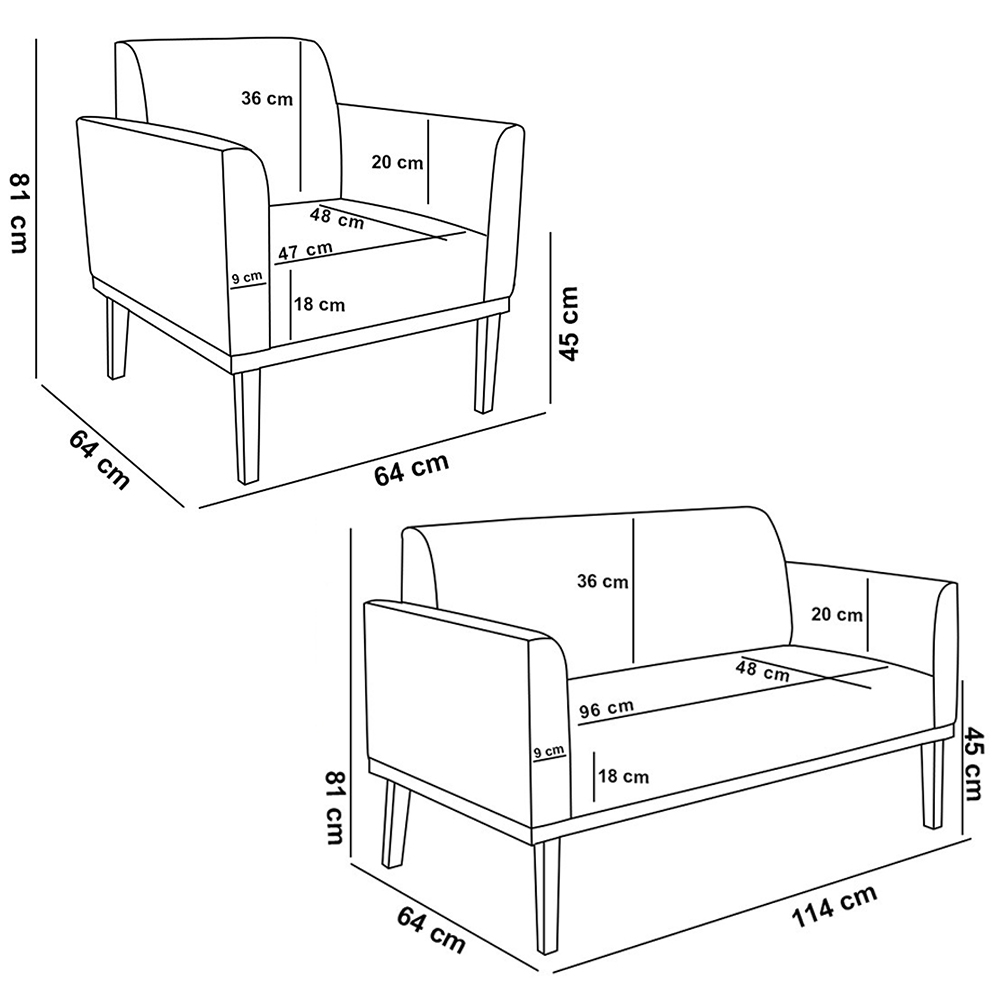 Conjunto 2 Poltronas e 1 Namoradeira Decorativa Isabella Pés Fixo em Madeira Castanho Suede Nude G19 - Gran Belo