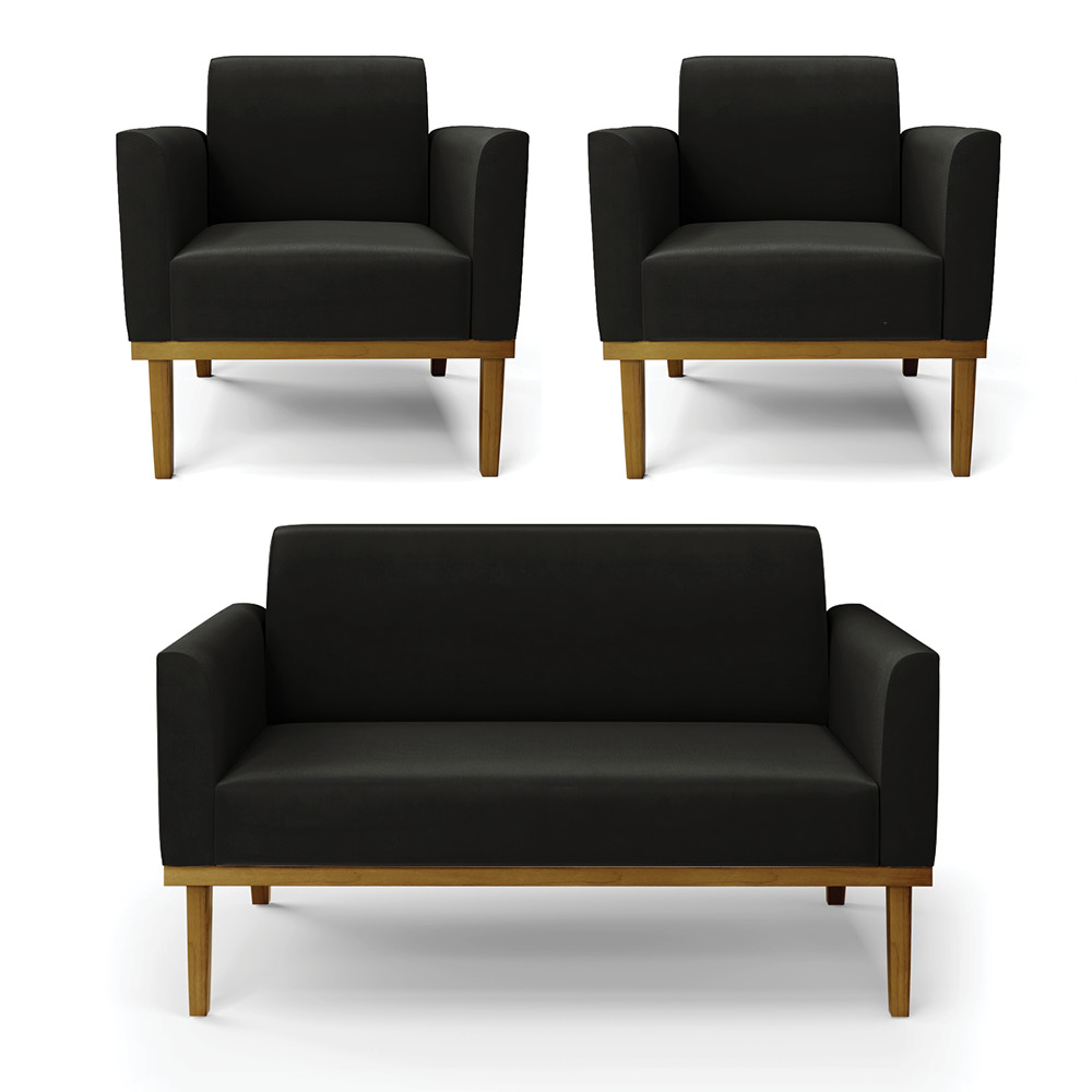 Conjunto 2 Poltronas e 1 Namoradeira Decorativa Isabella Pés Fixo em Madeira Castanho Suede Preto G19 - Gran Belo