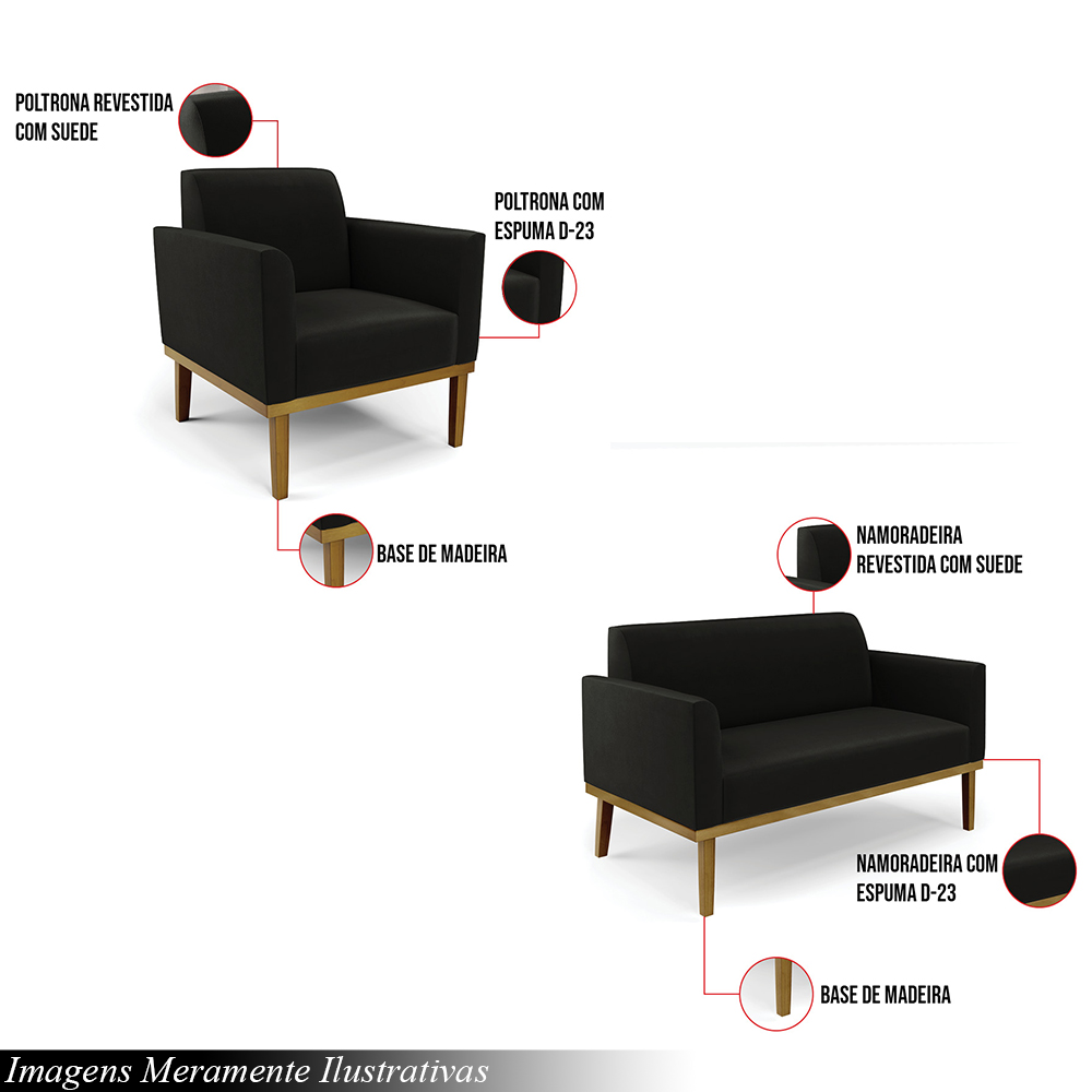 Conjunto 2 Poltronas e 1 Namoradeira Decorativa Isabella Pés Fixo em Madeira Castanho Suede Preto G19 - Gran Belo