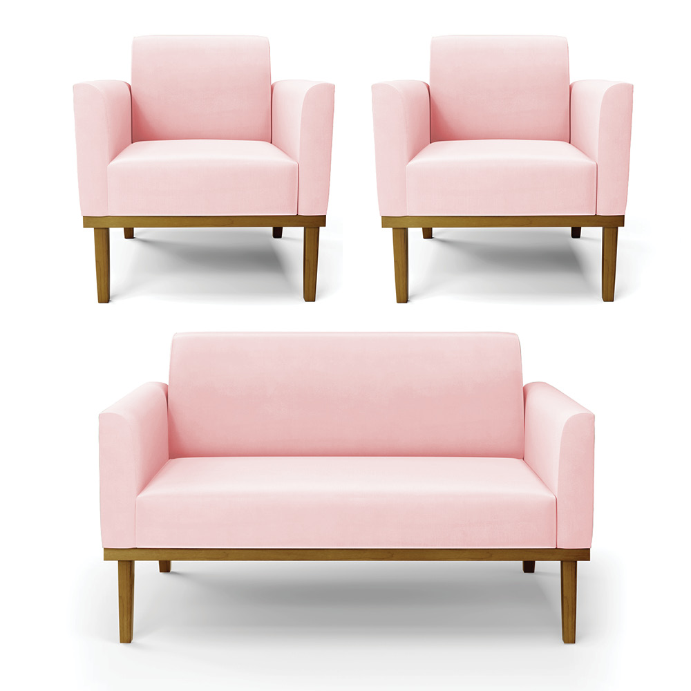 Conjunto 2 Poltronas e 1 Namoradeira Decorativa Isabella Pés Fixo em Madeira Castanho Suede Rosa Bebê G19 - Gran Belo