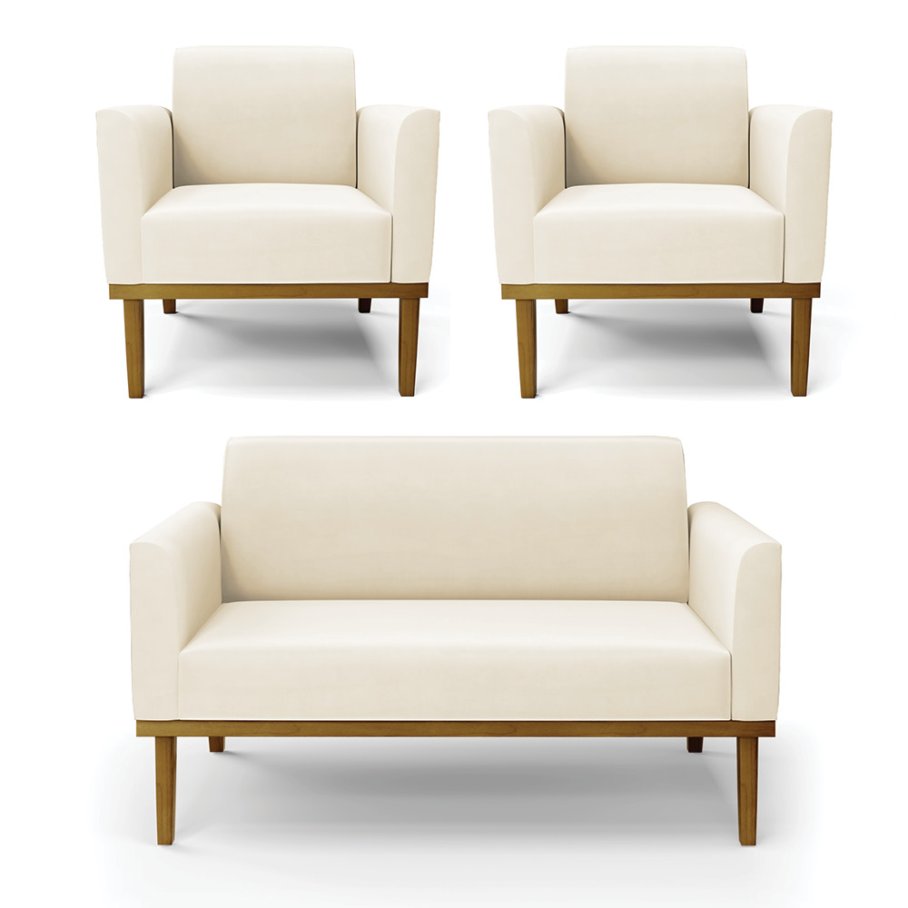 Conjunto 2 Poltronas e 1 Namoradeira Decorativa Isabella Pés Fixo em Madeira Castanho Veludo Bege G19 - Gran Belo