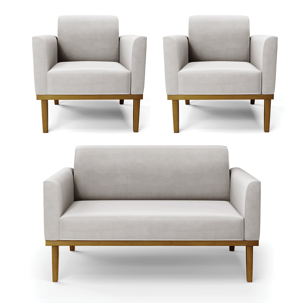 Conjunto 2 Poltronas e 1 Namoradeira Decorativa Isabella Pés Fixo em Madeira Castanho Veludo Cinza G19 - Gran Belo