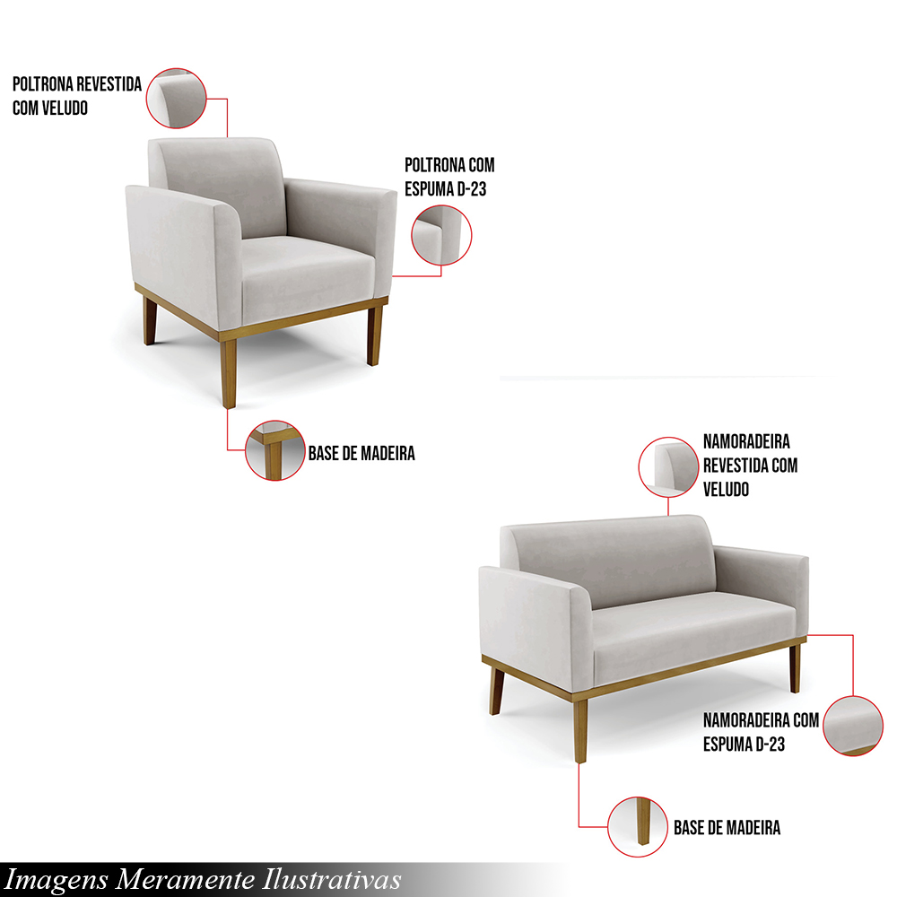 Conjunto 2 Poltronas e 1 Namoradeira Decorativa Isabella Pés Fixo em Madeira Castanho Veludo Cinza G19 - Gran Belo
