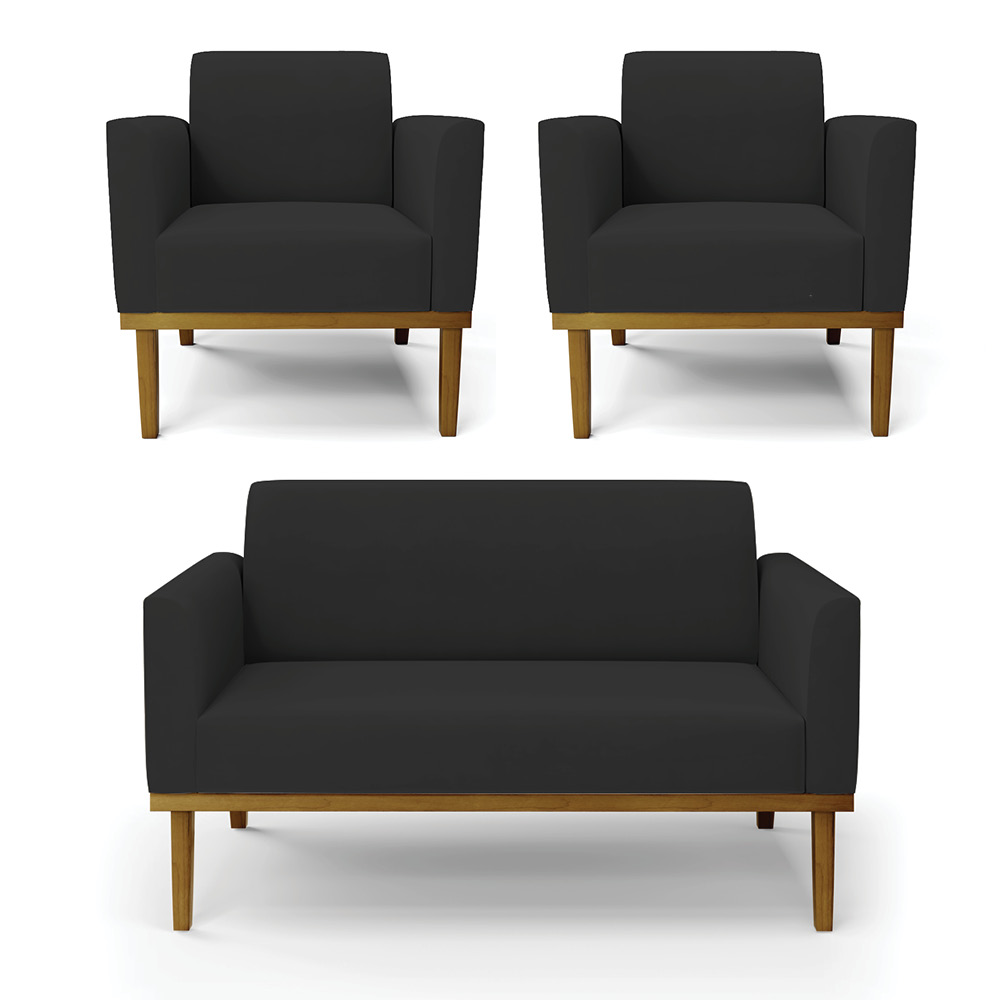 Conjunto 2 Poltronas e 1 Namoradeira Decorativa Isabella Pés Fixo em Madeira Castanho Veludo Preto G19 - Gran Belo