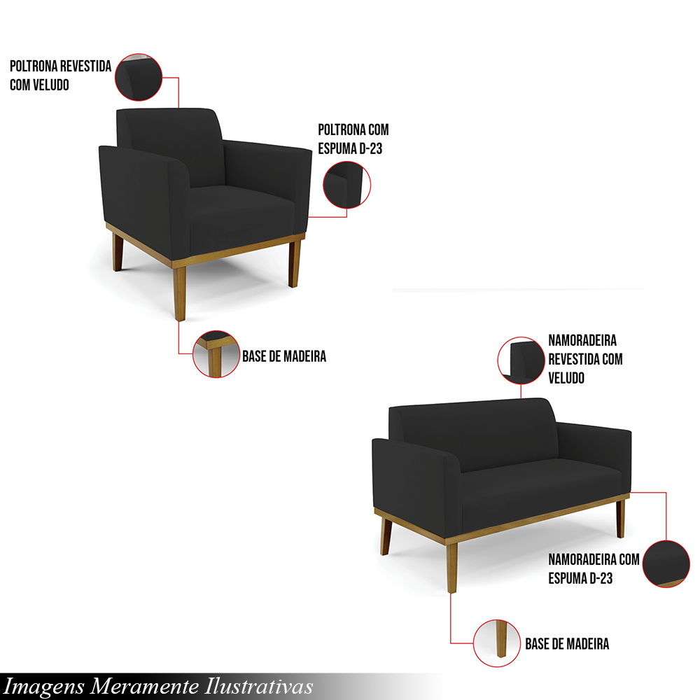 Conjunto 2 Poltronas e 1 Namoradeira Decorativa Isabella Pés Fixo em Madeira Castanho Veludo Preto G19 - Gran Belo