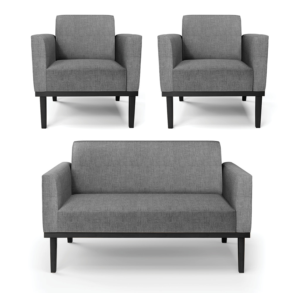Conjunto 2 Poltronas e 1 Namoradeira Decorativa Isabella Pés Fixo em Madeira Preto Linho Cinza Mesclado G19 - Gran Belo
