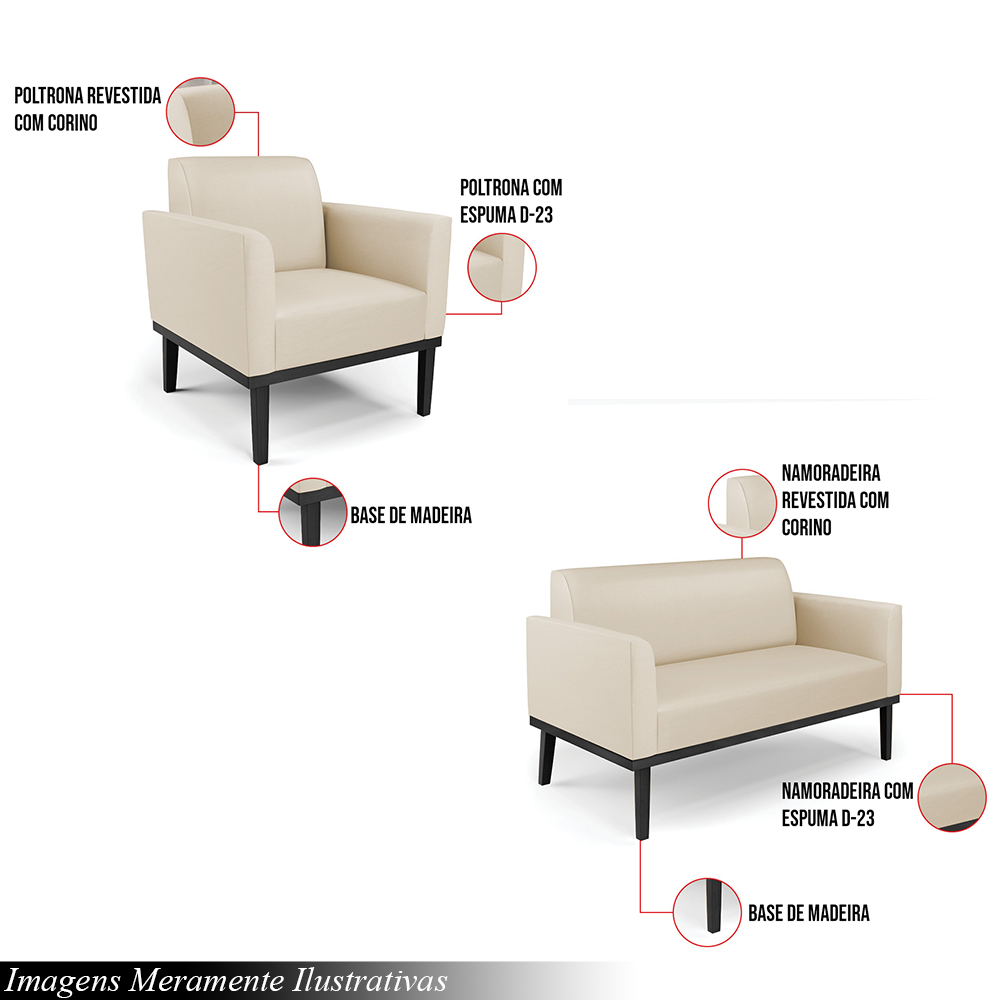 Conjunto 2 Poltronas e 1 Namoradeira Decorativa Isabella Pés Fixo em Madeira Preto PU Bege G19 - Gran Belo