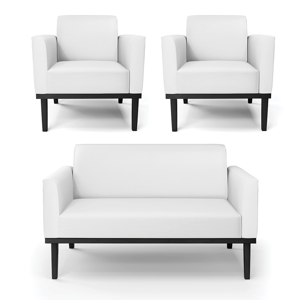 Conjunto 2 Poltronas e 1 Namoradeira Decorativa Isabella Pés Fixo em Madeira Preto PU Branco G19 - Gran Belo