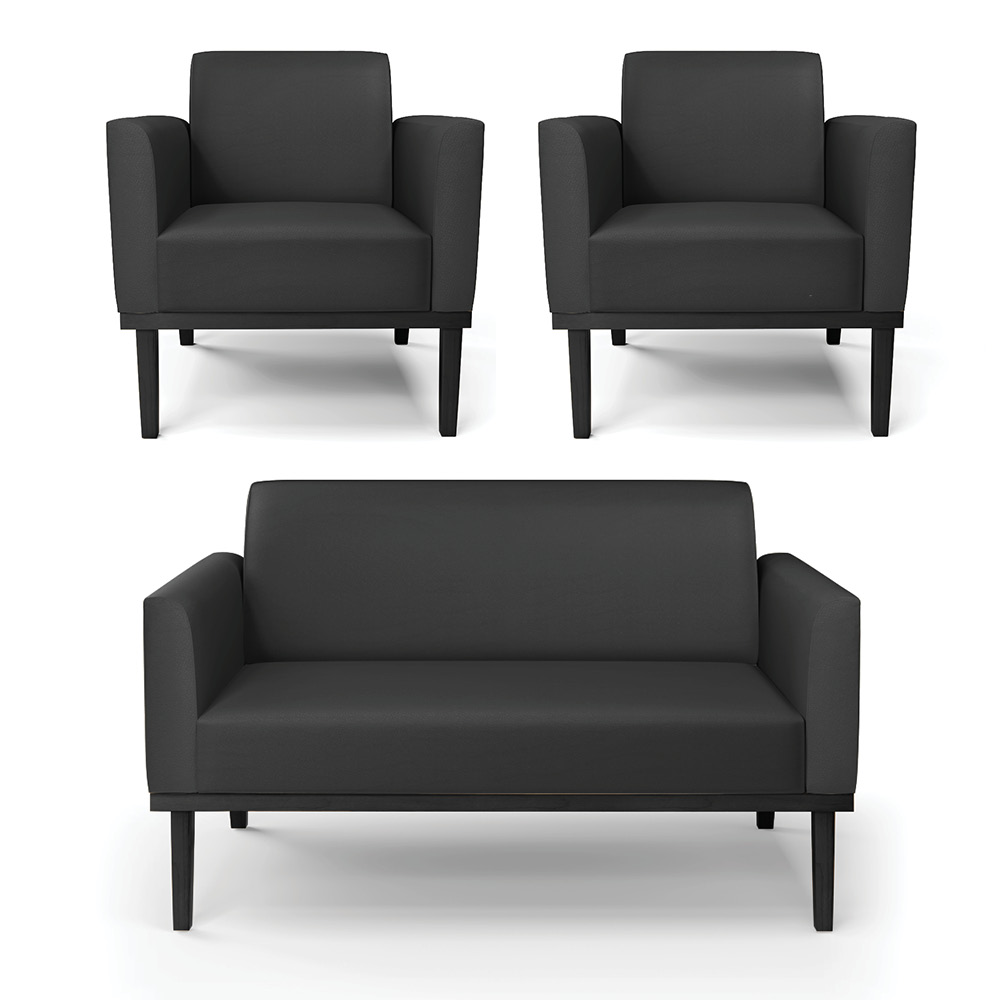 Conjunto 2 Poltronas e 1 Namoradeira Decorativa Isabella Pés Fixo em Madeira Preto PU Preto G19 - Gran Belo