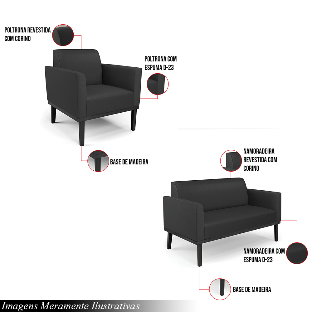 Conjunto 2 Poltronas e 1 Namoradeira Decorativa Isabella Pés Fixo em Madeira Preto PU Preto G19 - Gran Belo