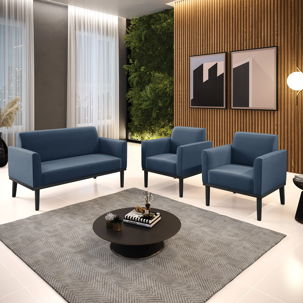 Conjunto 2 Poltronas e 1 Namoradeira Decorativa Isabella Pés Fixo em Madeira Preto Suede Azul Marinho G19 - Gran Belo