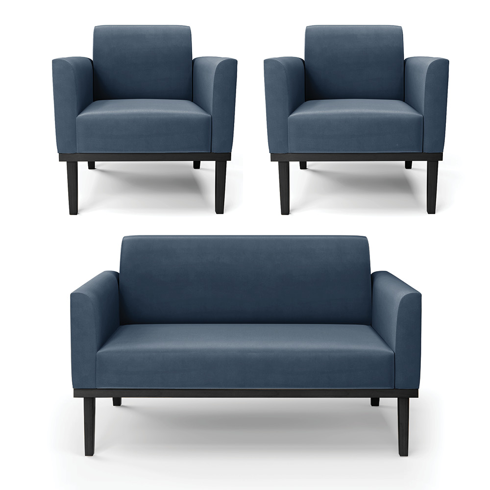 Conjunto 2 Poltronas e 1 Namoradeira Decorativa Isabella Pés Fixo em Madeira Preto Suede Azul Marinho G19 - Gran Belo