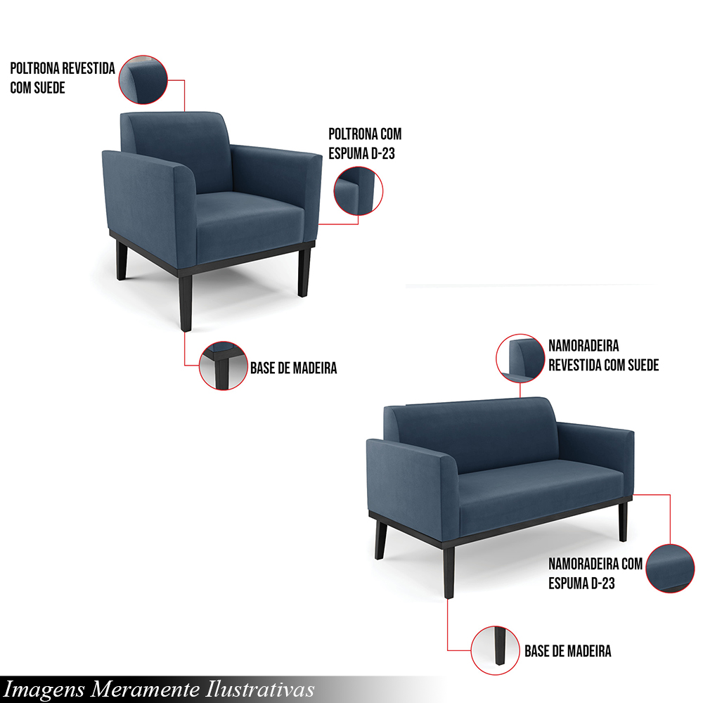 Conjunto 2 Poltronas e 1 Namoradeira Decorativa Isabella Pés Fixo em Madeira Preto Suede Azul Marinho G19 - Gran Belo