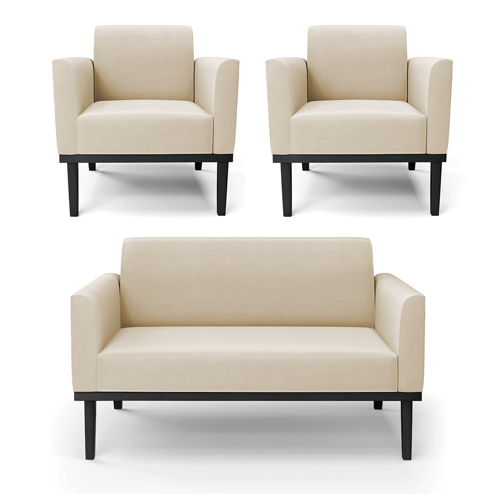 Conjunto 2 Poltronas e 1 Namoradeira Decorativa Isabella Pés Fixo em Madeira Preto Suede Bege G19 - Gran Belo