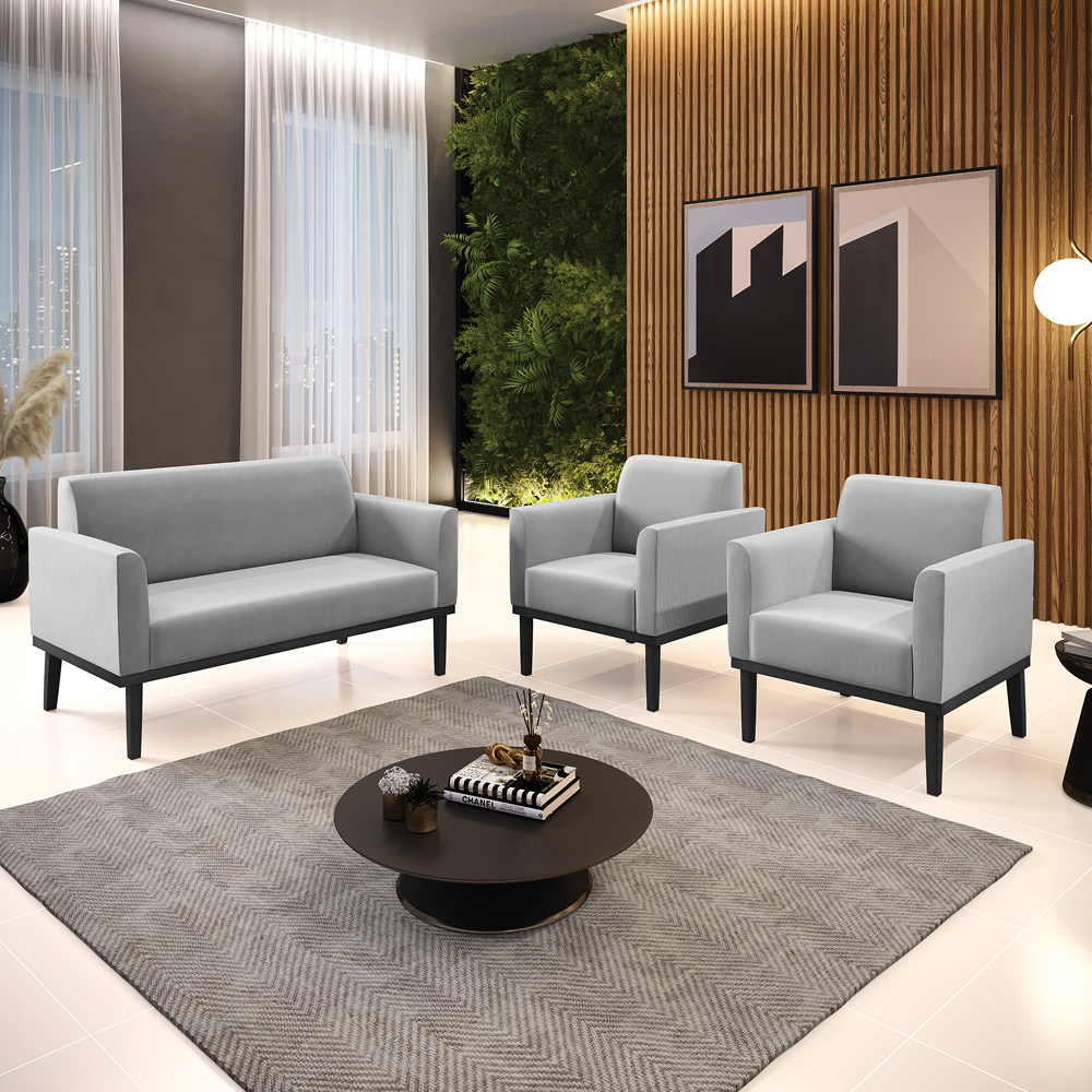 Conjunto 2 Poltronas e 1 Namoradeira Decorativa Isabella Pés Fixo em Madeira Preto Suede Cinza G19 - Gran Belo