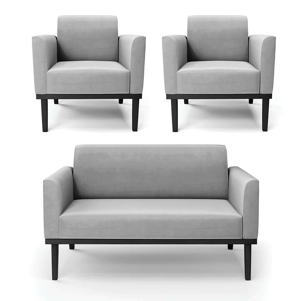 Conjunto 2 Poltronas e 1 Namoradeira Decorativa Isabella Pés Fixo em Madeira Preto Suede Cinza G19 - Gran Belo
